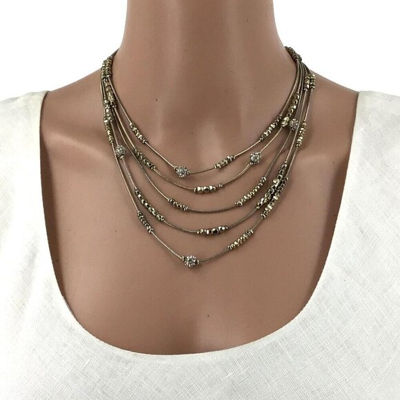 Chicos Five Strand Necklace Gold Tone Beaded Rhinestone Spheres Layered Tiered - Picture 2 of 2